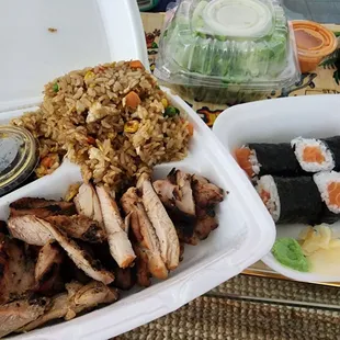 Chicken teriyaki, garlic fried rice, and maki