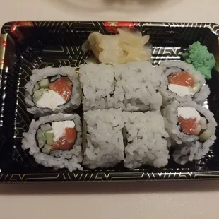 11/3 Philly Roll. Salmon, cream cheese, and cucumber wrapped in seaweed and rice.