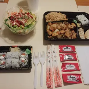 11/3 Clockwise starting from the bottom left: Philly Roll, Spicy Tuna Poké Bowl, Chicken Bento Box w/ Fried Rice and a Drink