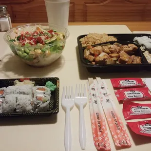 11/3 Clockwise starting from the bottom left: Philly Roll, Spicy Tuna Poké Bowl, Chicken Bento Box w/ Fried Rice and a Drink