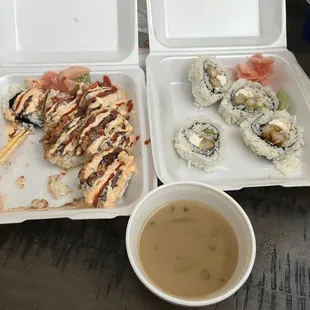 Takeout of Cap N' Crunch Roll (without avocado), Golden Shrimp (without avocado), and Miso Soup.
