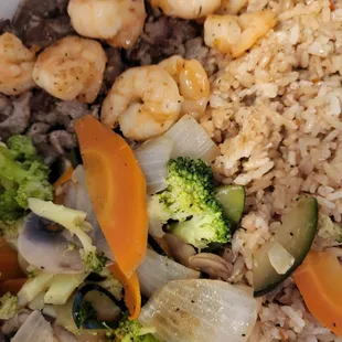Shrimp ans beef teriyaki rice