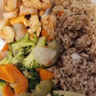 Shrimp and salmon teriyaki rice