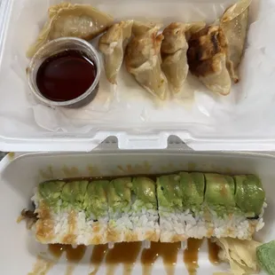 Pan Fried Gyoza and Caterpillar Roll