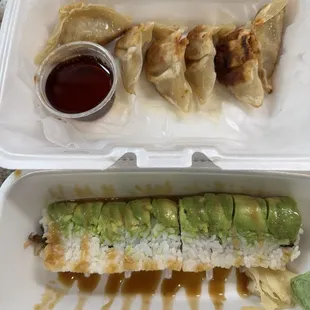 Pan Fried Gyoza and Caterpillar Roll