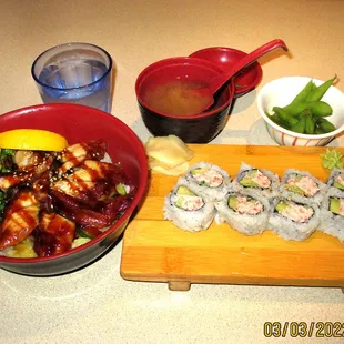 Unagi Donburi and California Rolls
