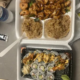 Sushi and hibachi chicken with fried rice.