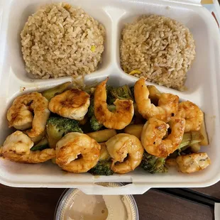 Hibachi shrimp with zucchini &amp; broccoli underneath $10.50. Very dry tasteless rice