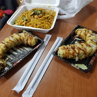 Chicken lo mein and Texas rolls. Best fake sushi Fushi! They have real sushi too.
