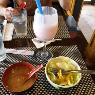 Miss soup and salad. Boba strawberry milkshake