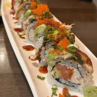 Dragon roll (sub the tempura shrimp with spicy tuna and CA roll due to shrimp allergies)