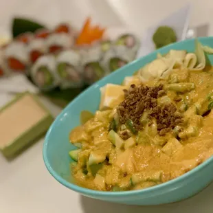 Build Your Own Poke Salad Tofu, Spicy Shrimp, Asparagus, Cucumber and Avocado w/ pickled ginger dressing and spicy mayo