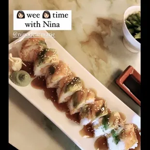 Rock and Roll   -Cooked shrimp w/ avocado w/a sweet drizzle on top