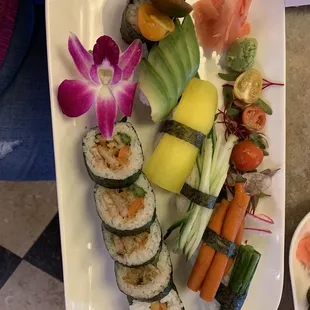 The vegetarian sushi dinner was fabulous. The sushi chef was excellent. The miso soup tasted off. We enjoyed lunch