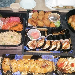 Top left: sashimi bento, fried oyster, wasabi shrimp, salmon roll, Rock and roll Bottom left: Dynamite roll, Diablo roll