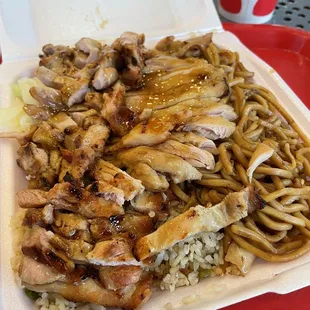 chicken and noodles in a styrofoam container