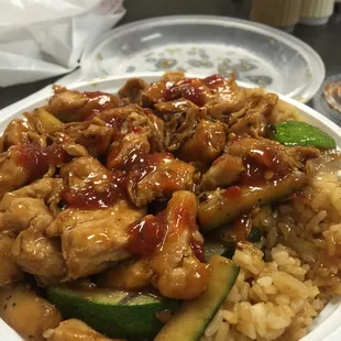 Chicken Bowl-  teriyaki chicken, fried rice and zucchini &amp; onions.