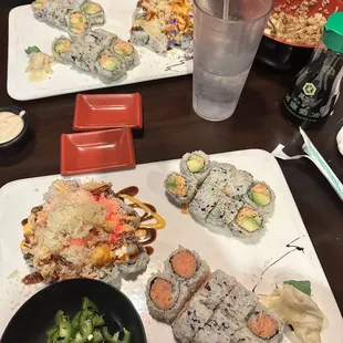 Spicy California roll, volcano roll, and spicy tuna roll