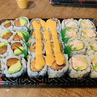 Salmon Avocado Roll, Spicy Tuna Roll, and Crunchy Roll