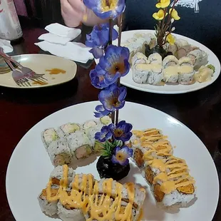 Any Three Way: Spicy Tuna Roll, Spicy Salmon Roll, and Crunch roll with Salad $12.95