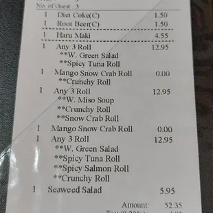 Our Bill Minus Tip