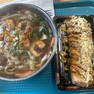 Shrimp udon and Baked Salmon On Spicy Tuna Roll
