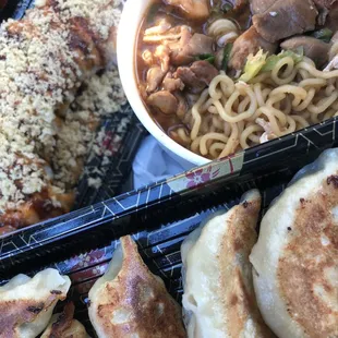 Bottom: Gyoza Top Right: Chicken Ramen Top Left: Hot Cali Roll