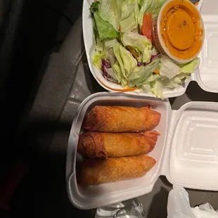Three egg rolls and a Salad