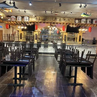 empty tables and chairs in a restaurant