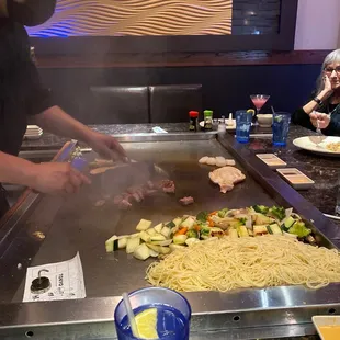 The steak, salmon, chicken and scallops