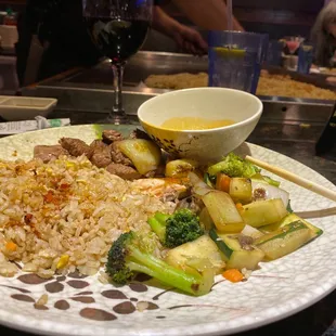 Delicious steak and salmon teppan style