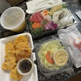 Chirashi entree (came with miso soup and salad with ginger dressing) and sweet potato tempura