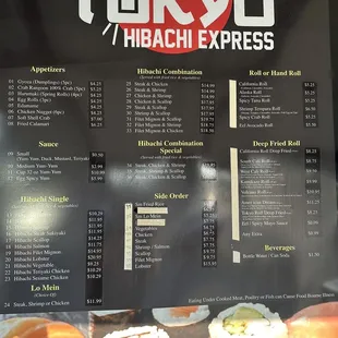 Hibachi and Sushi menu