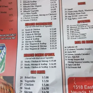 the menu of the restaurant