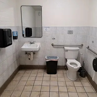 Inside the spacious handicap-accessible women&apos;s restroom