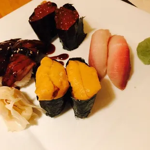 Unagi, ikura, yellowtail and spoiled uni