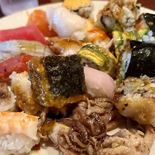 Just a smorgasbord of a few of the many options of sushi and sashimi.