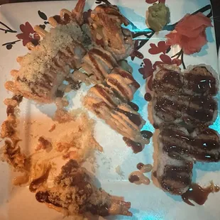 I forgot to take a pic before eating... oops!  Sunset roll, Da Bomb and sweet potato tempura.