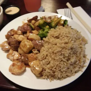 Chicken, shrimp, and steak hibachi and the Tokyo star sushi platter!