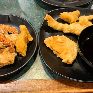 Fried crab and fish (left) and tempura (calimari, shrimp, fish, and sweet potato slice) (right)