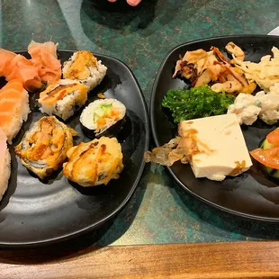 Suchi and nigiri (left) and tofu and salads (right)