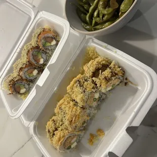 Front Roll: Temptation 
 Back: Cardinal Roll
 Sauteed Edamame