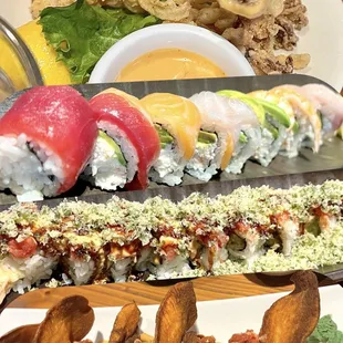 Calamari Tempura $14, Rainbow Roll $17, Karal Crunch $17, Crazy Horse Roll $14