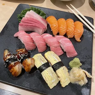 Nigiri: salmon, Toro, eel, tamago. Sashimi: yellowtail