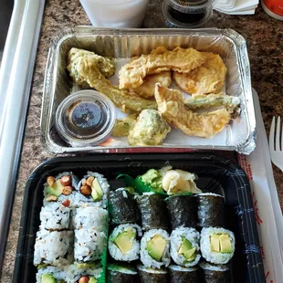 Two avocado rolls, a peanut avocado roll, veggie tempura appetizer, and miso soup