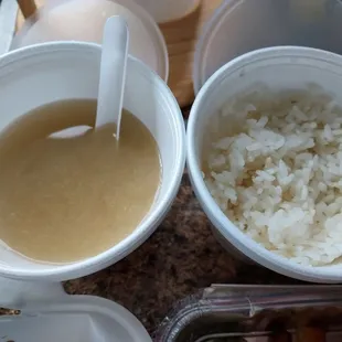 Miso soup (which is vegan!) &amp; white rice that came with the vegetable tempura meal