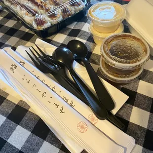 To-go order always has plenty of napkins, silverware, sauces, and chopsticks.