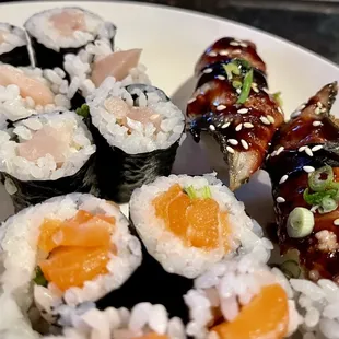 Salmon, Yellowtail rolls and Unagi nigiri