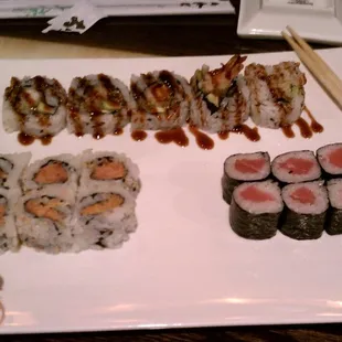 3-for-$10 sushi lunch special. This is shrimp tempura roll, tuna maki and spicy tuna.