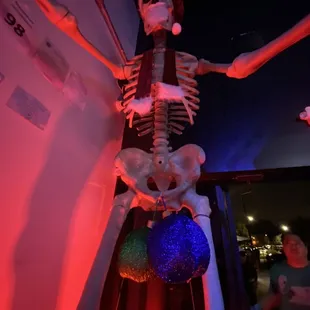 a skeleton hanging from the ceiling